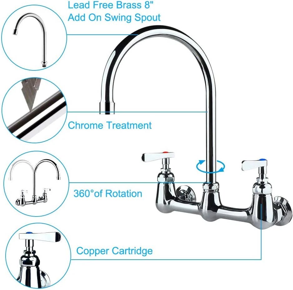 COOLWEST Commercial Wall Mount Faucet 8 Inch Center with 8"Gooseneck Swivel Spout 2 Handles Heavy Duty Brass Kitchen Sink Faucet Chrome Finish - The Tap Specialist