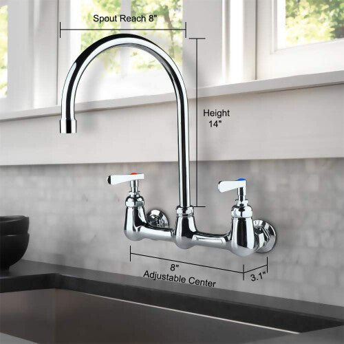 COOLWEST Commercial Wall Mount Faucet 8 Inch Center with 8"Gooseneck Swivel Spout 2 Handles Heavy Duty Brass Kitchen Sink Faucet Chrome Finish - The Tap Specialist