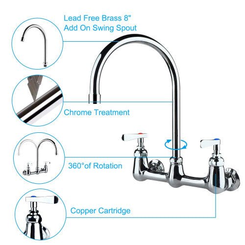 COOLWEST Commercial Wall Mount Faucet 8 Inch Center with 8"Gooseneck Swivel Spout 2 Handles Heavy Duty Brass Kitchen Sink Faucet Chrome Finish - The Tap Specialist