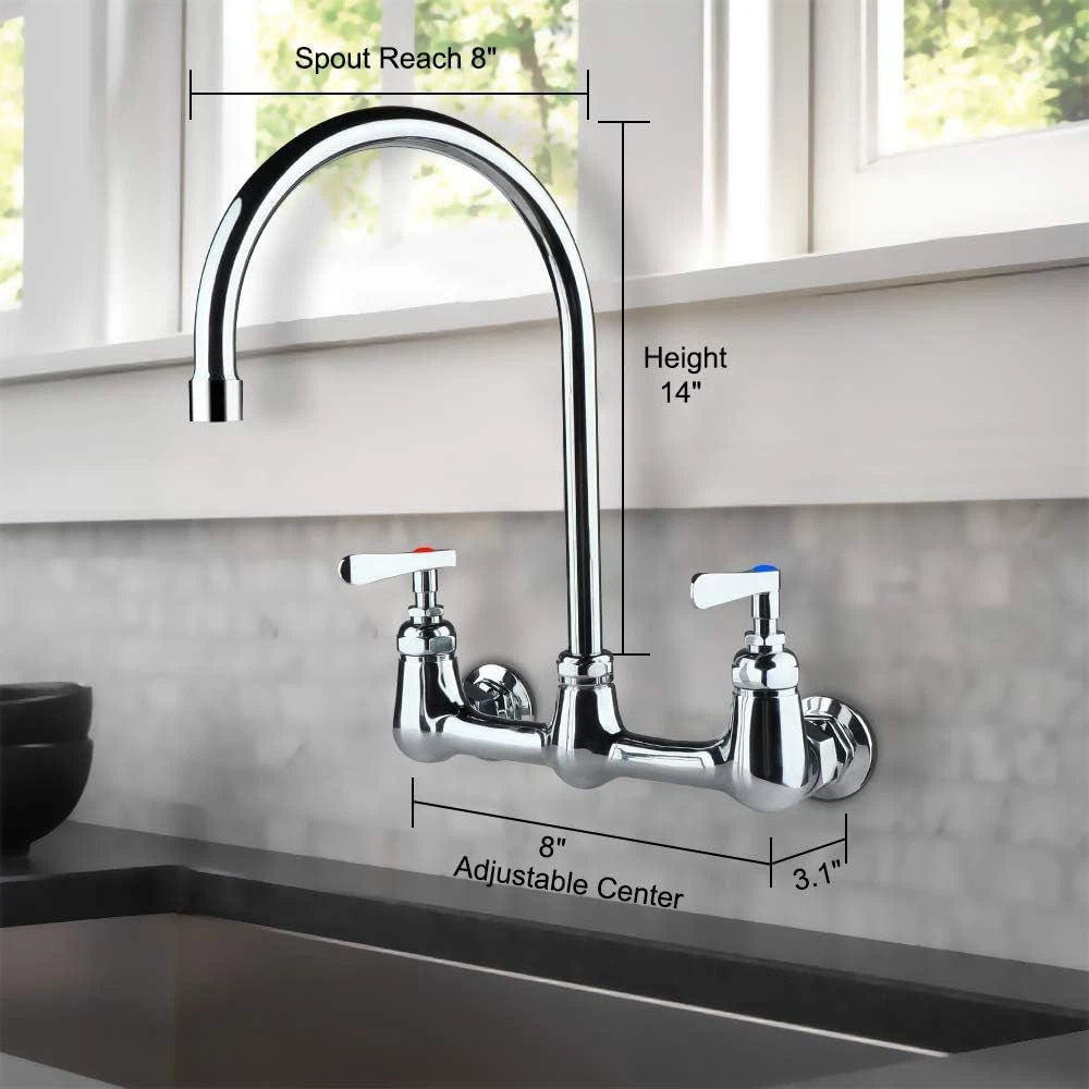 COOLWEST Commercial Wall Mount Faucet 8 Inch Center with 8"Gooseneck Swivel Spout 2 Handles Heavy Duty Brass Kitchen Sink Faucet Chrome Finish - The Tap Specialist