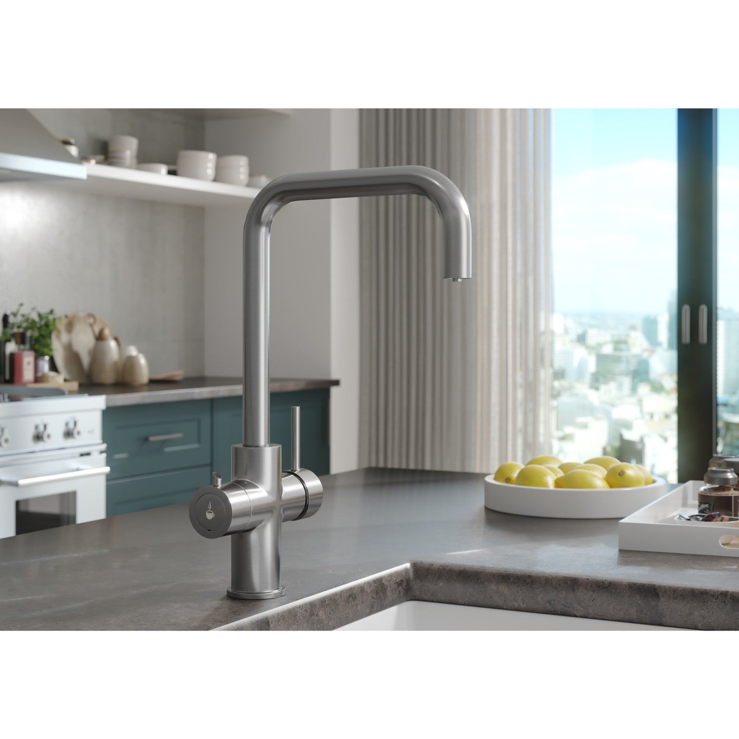 Ellsi 3 - in - 1 Instant Hot Water Tap Standard - Brushed Steel finish Lifestyle image in kitchen - The Tap Specialist