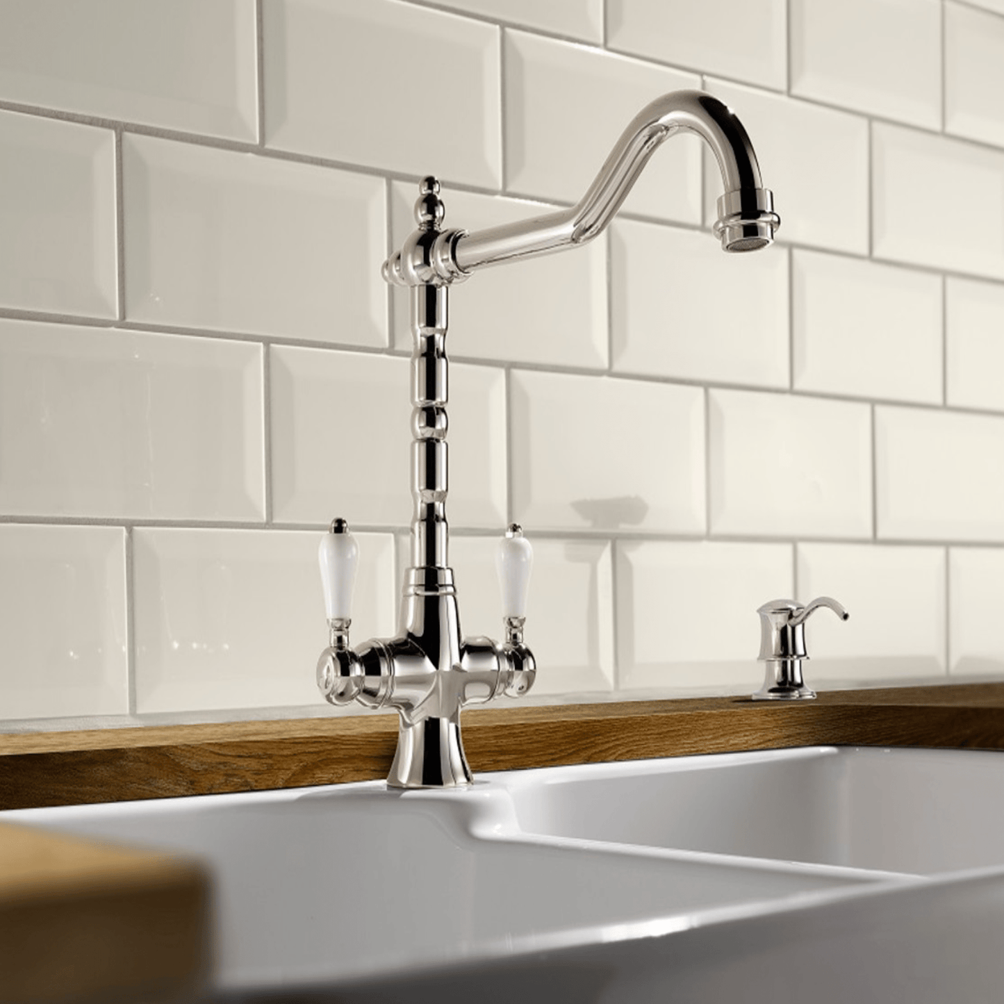Franke Cotswold Twin Lever L Spout Swivel Polished Nickel Kitchen Tap 115.0711.939 - The Tap Specialist