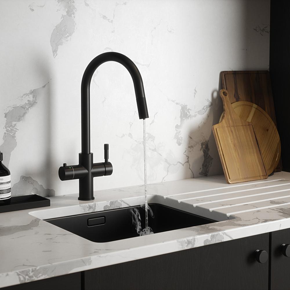 Hanstrom 4 - in - 1 Flex Pro Instant Boiling Water Tap Pull Out - Black Matt dispensing steaming water - The Tap Specialist