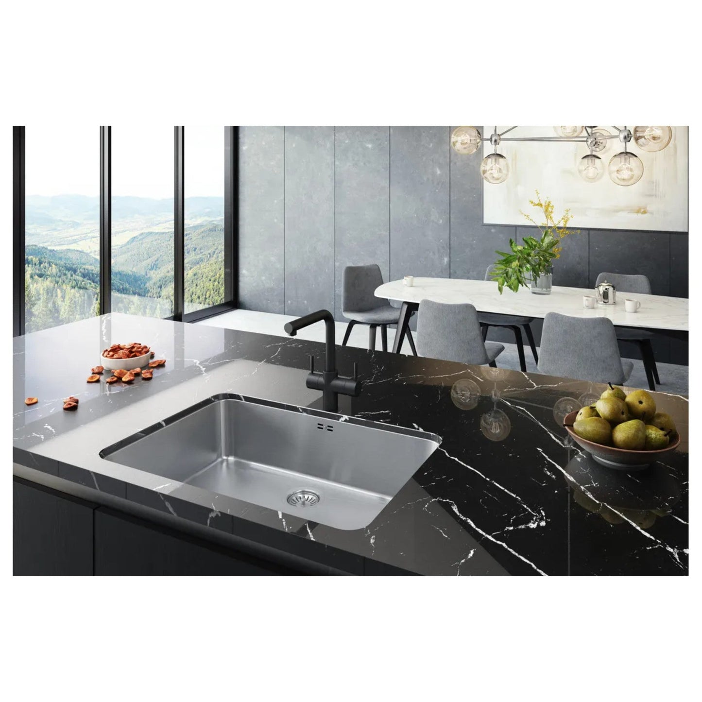 InSinkErator 3N1 L Spout Steaming Hot Water Tap Velvet Black (lifestyle image) in modern luxury kitchen with marble worktop and alpine view in the background