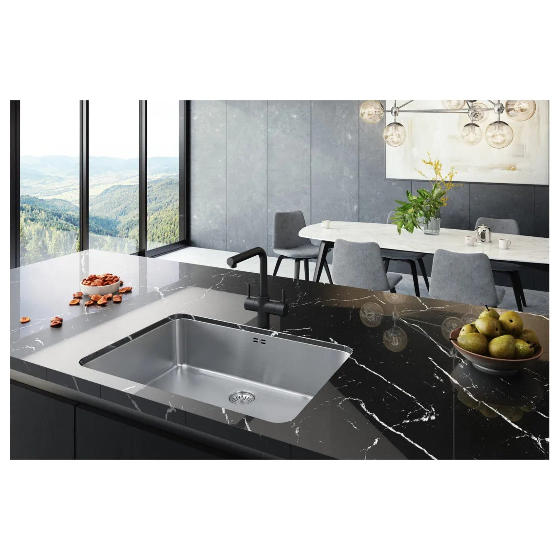 InSinkErator 3N1 L Spout Steaming Hot Water Tap Velvet Black (lifestyle image) in modern luxury kitchen with marble worktop and alpine view in the background