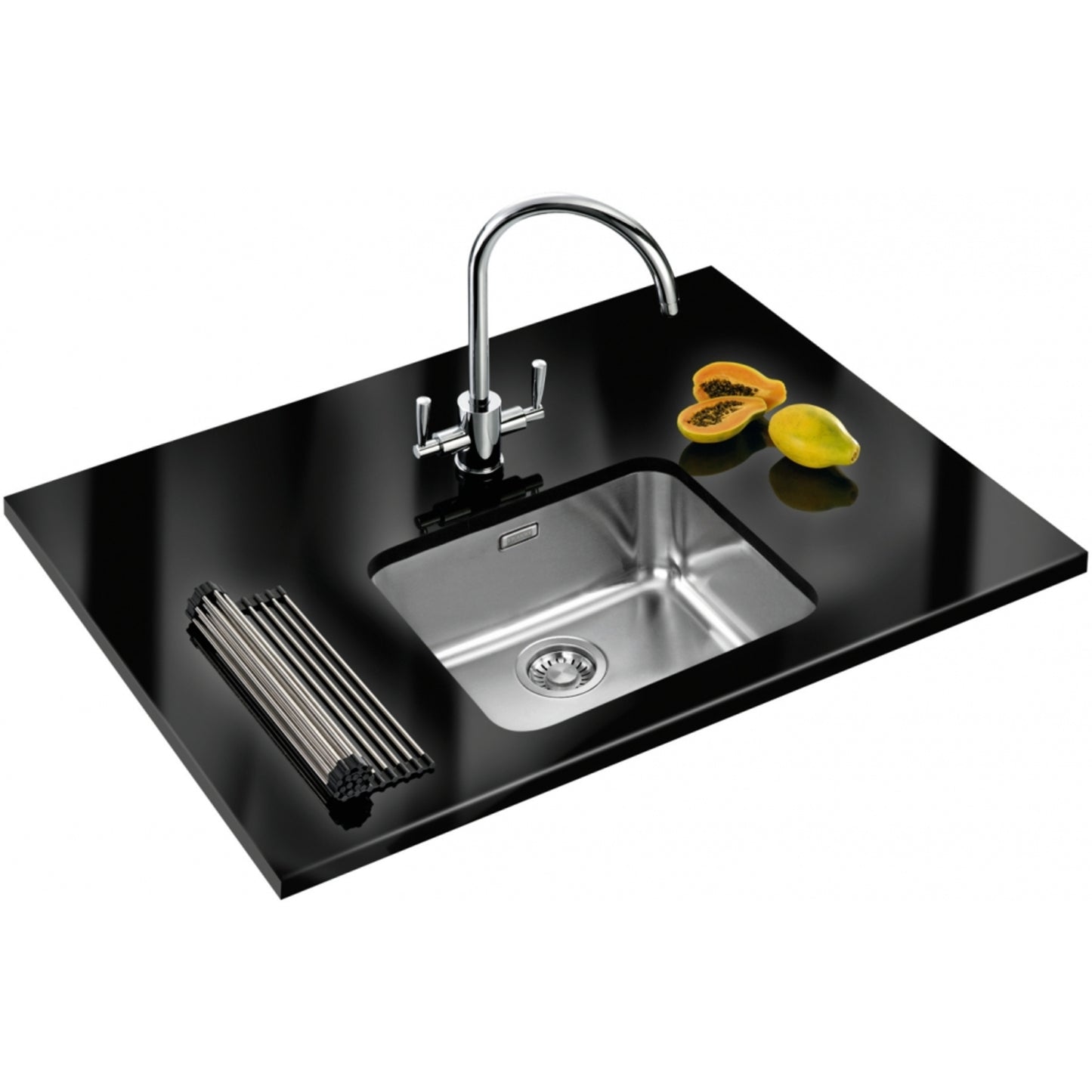 Franke Undermount LARGO LAX 110 45 Kitchen Sink Media 1 of 3 (Lifestyle shot installed in black worktop) next to matching stainless steel sink, rollamat accessory on the side and a papaya