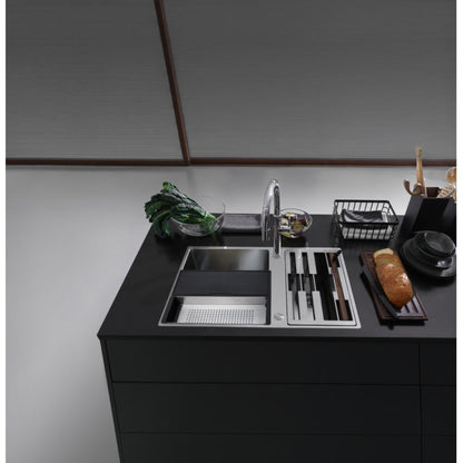 Franke Box Center BWX 220 41-27 Stainless Steel 1.5 Bowl Sink & Accessories kit in black minimalist kitchen lifestyle image