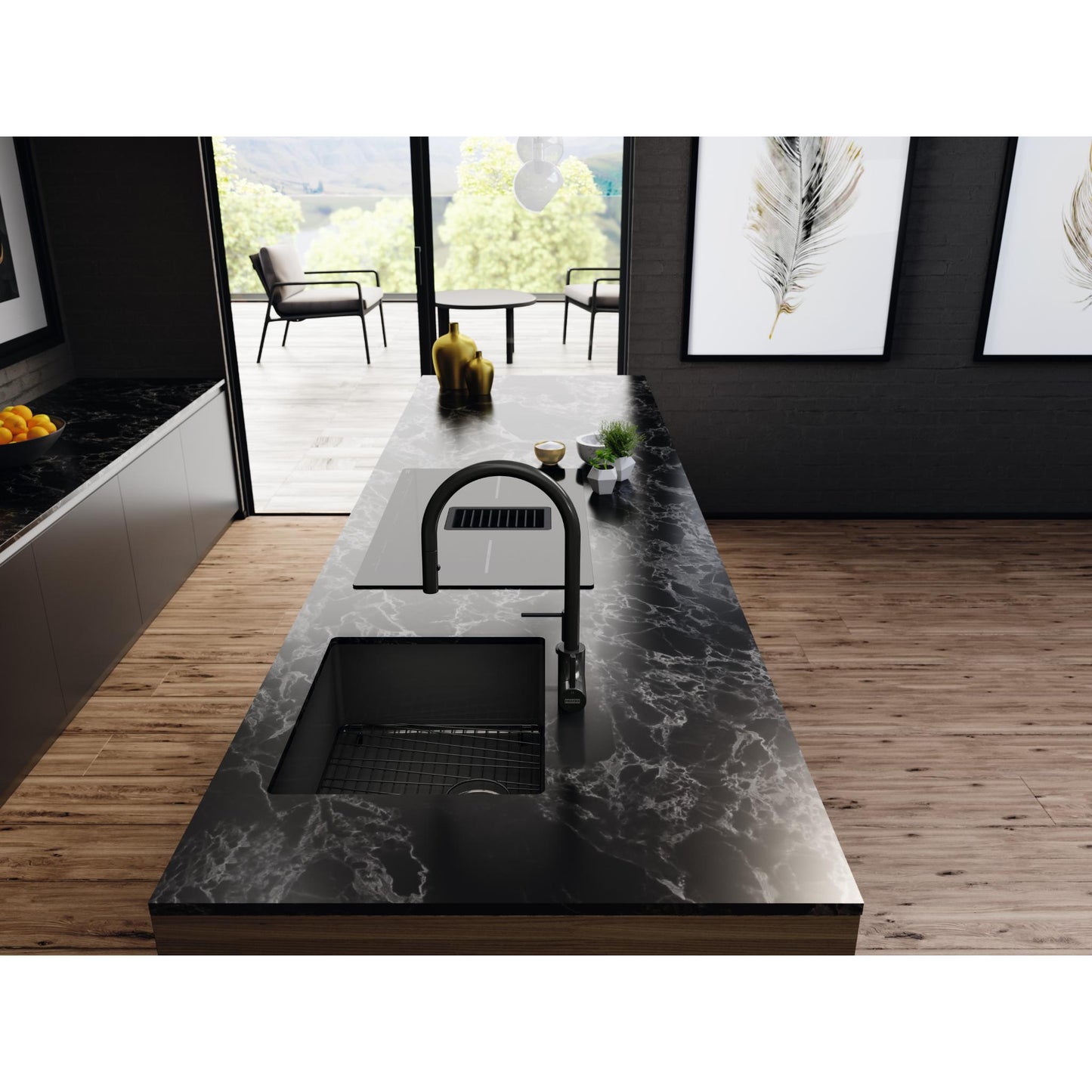 Franke Mythos Masterpiece BXM 210/110-50 Single Bowl Undermount Kitchen Sink Anthracite in all black kitchen lifestyle image