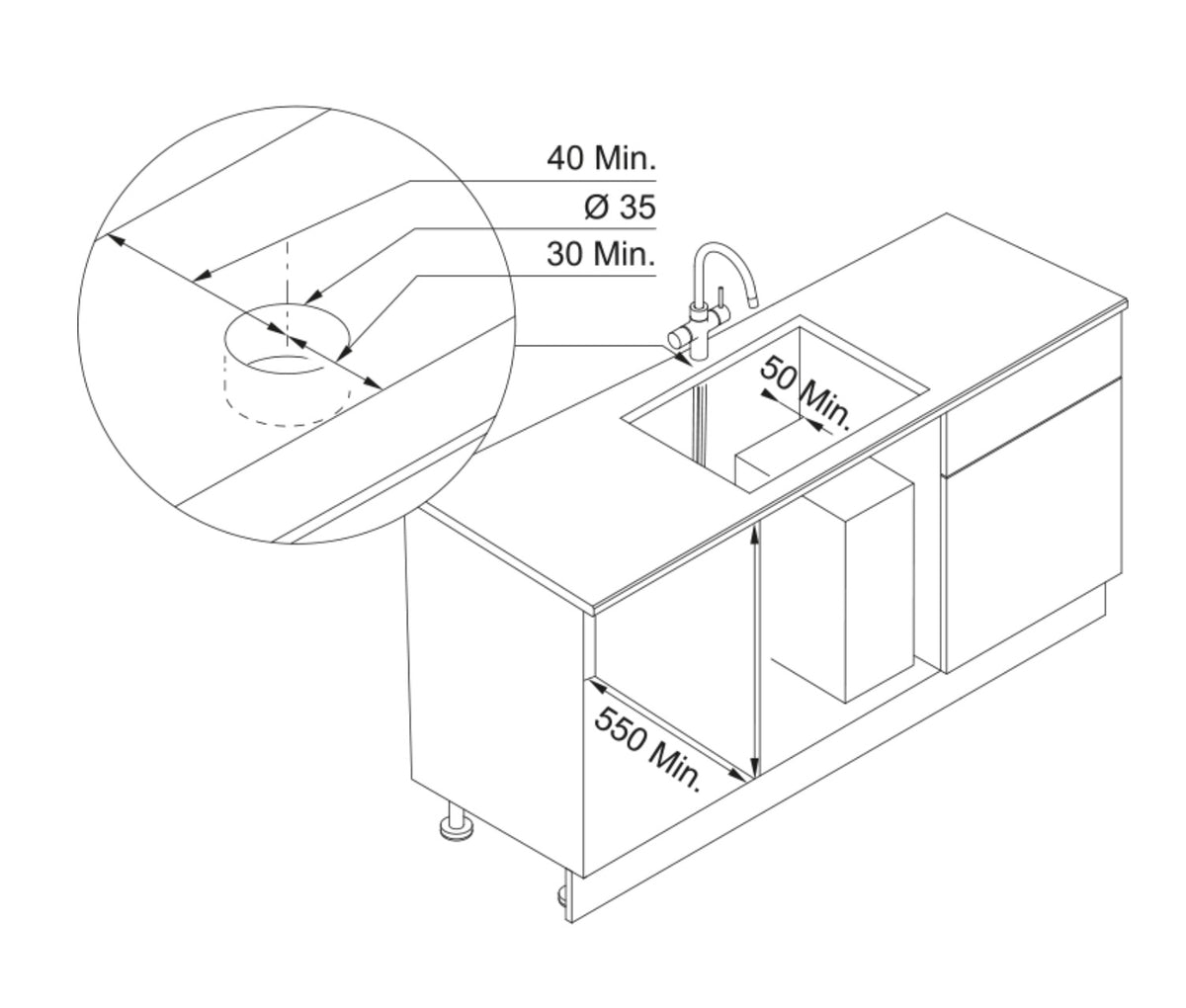 Franke Mythos 6-in-1 Water Hub Tap and tank dimensional drawing in kitchen cupboard under sink