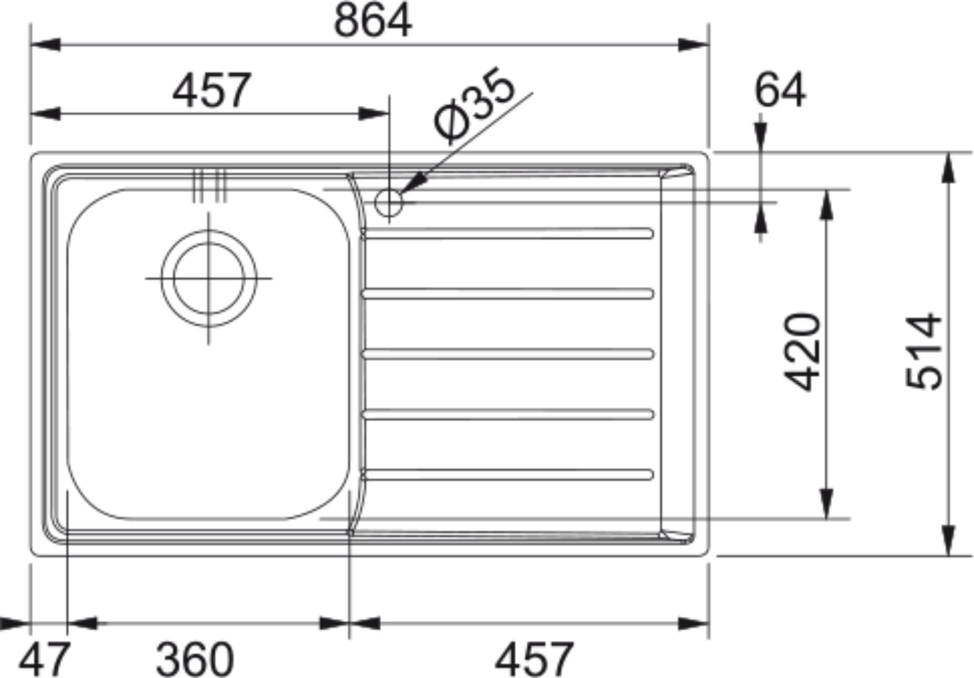 Franke Neptune NEX 211 Inset 1.0 Bowl Kitchen Sink Stainless Steel RH Drainer Dimensional Drawing