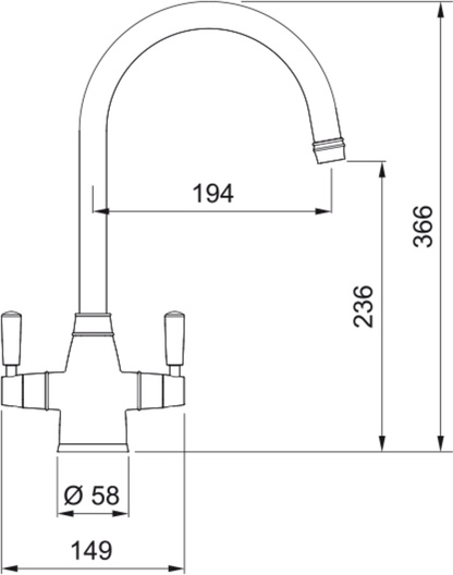 Franke Gloriana Twin Lever J-Spout Kitchen Tap technical drawing