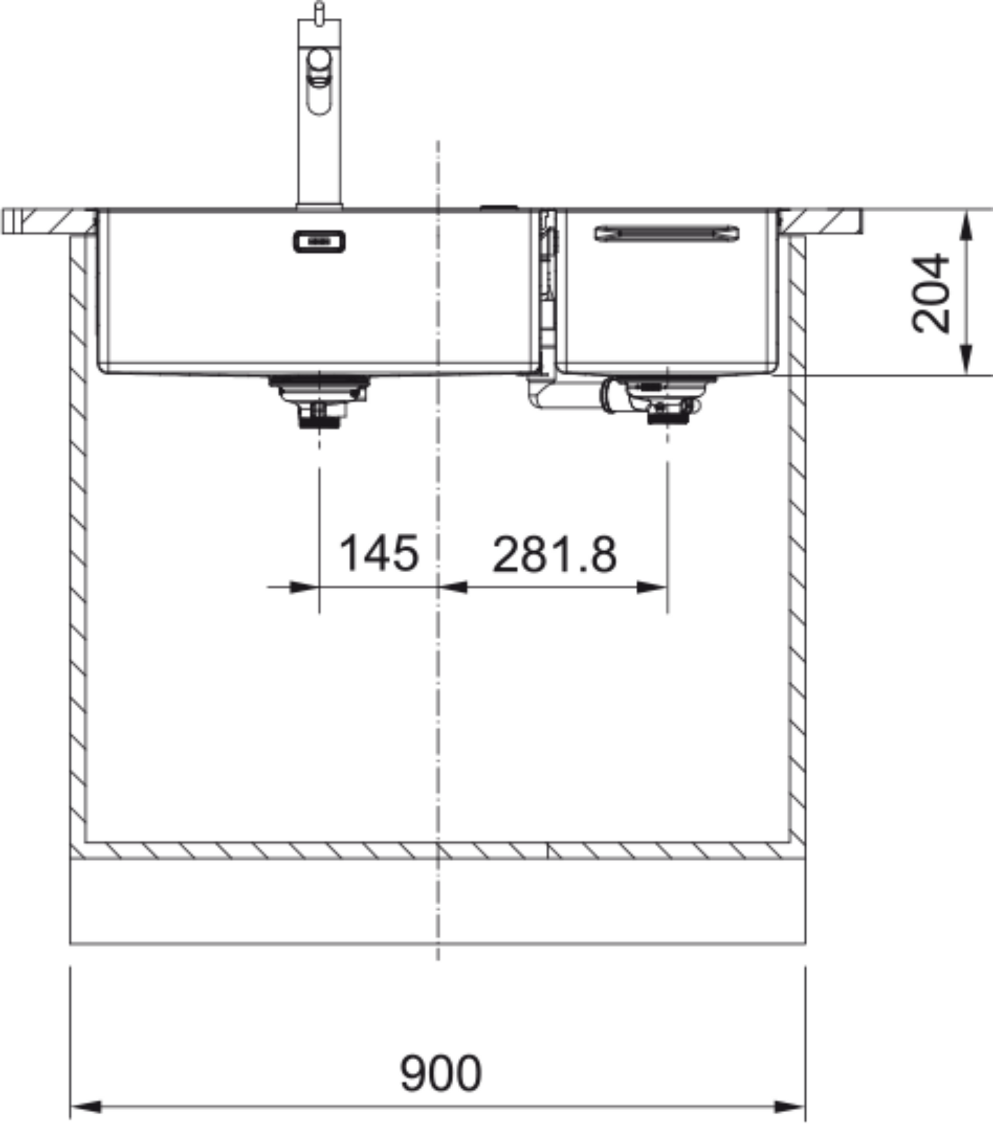 Franke Box Center BWX 220 54-27 RHSB Stainless Steel 15 Bowl Sink and Accessories Side View Dimensional Drawing