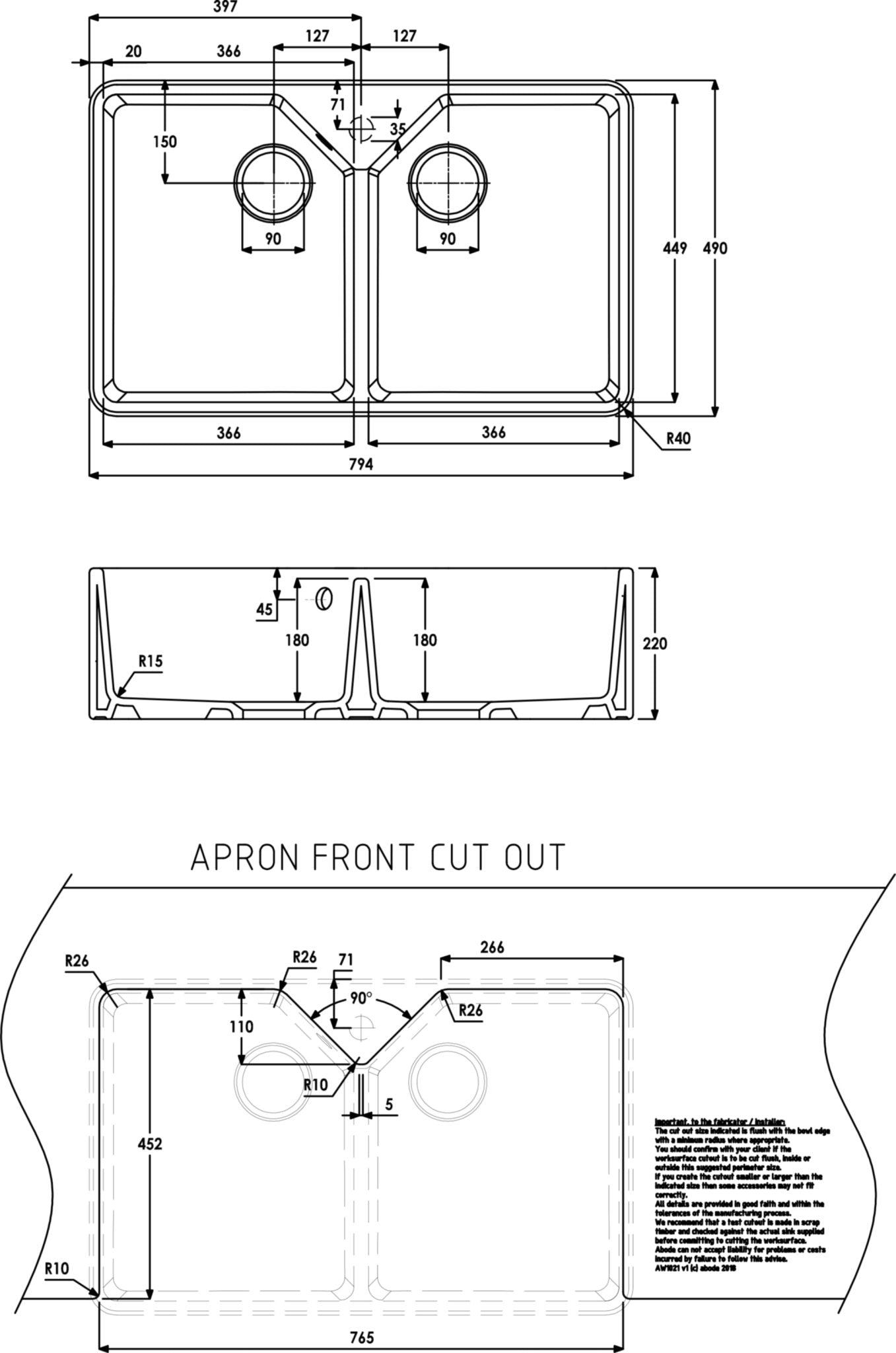 Abode Provincial Large Double Bowl Sink in White Ceramic AW1021 - The Tap Specialist