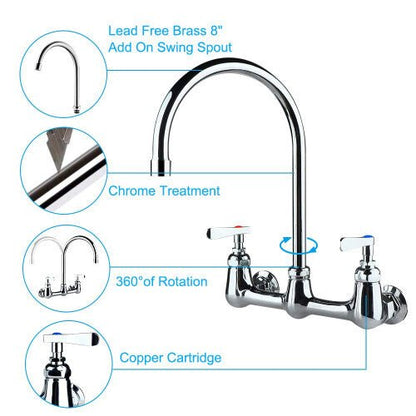 COOLWEST Commercial Wall Mount Faucet 8 Inch Center with 8"Gooseneck Swivel Spout 2 Handles Heavy Duty Brass Kitchen Sink Faucet Chrome Finish - The Tap Specialist