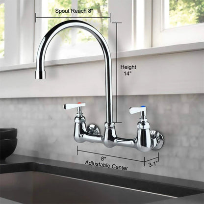 COOLWEST Commercial Wall Mount Faucet 8 Inch Center with 8"Gooseneck Swivel Spout 2 Handles Heavy Duty Brass Kitchen Sink Faucet Chrome Finish - The Tap Specialist