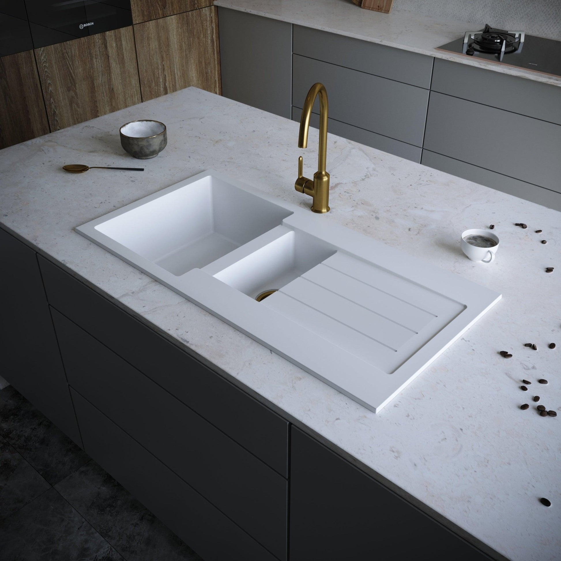 Ellsi Comite White Kitchen Sink and Drainer installed in white countertop kitchen island.