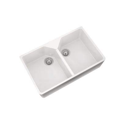 Ellsi Double Bowl White Belfast Comite Kitchen Sink with Waste and Overflow - The Tap Specialist