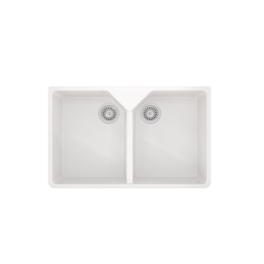 Ellsi Double Bowl White Belfast Comite Kitchen Sink with Waste and Overflow - The Tap Specialist