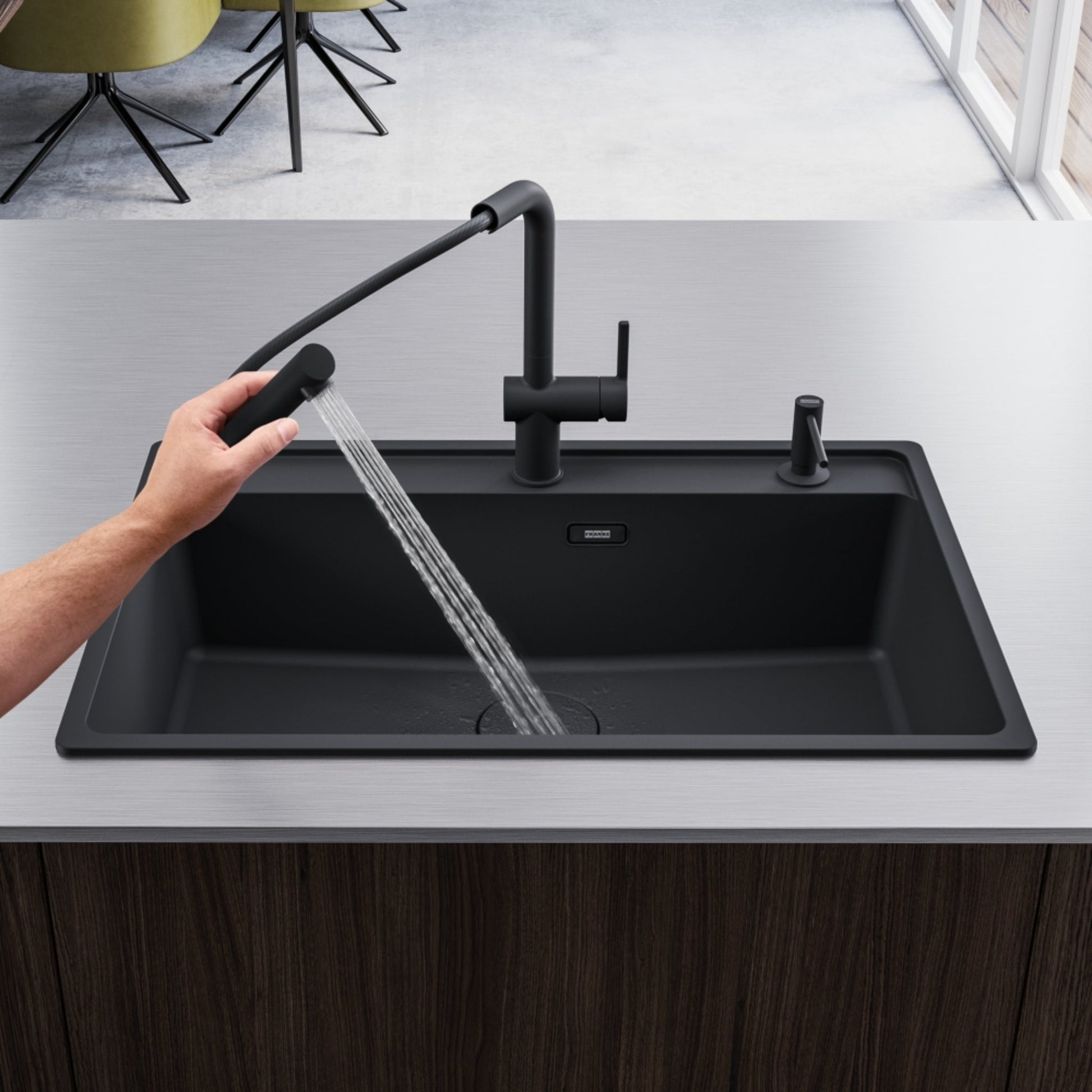 Franke Active L Spout Dual Spray Pull Down Matt Black Kitchen Tap - The Tap Specialist