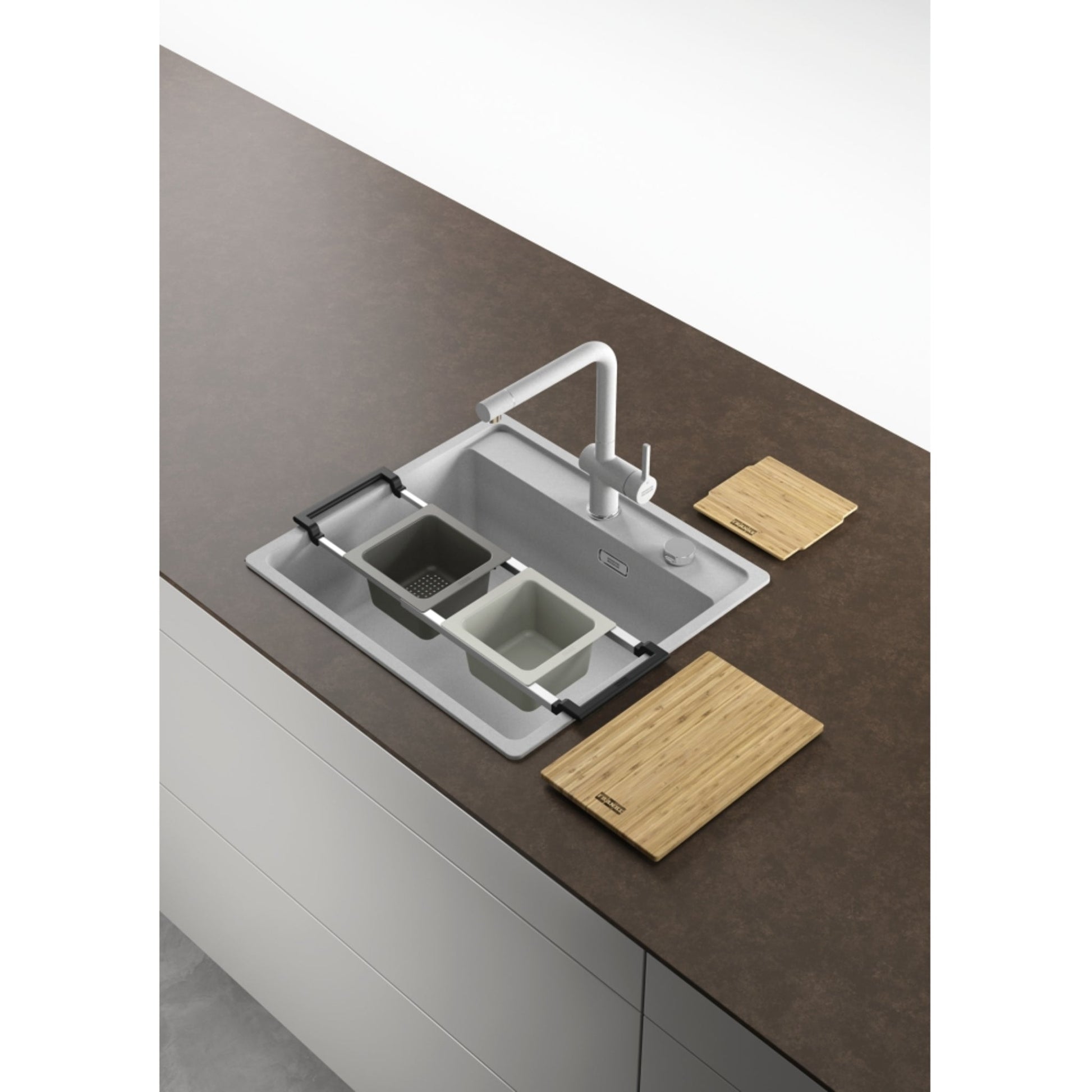 Franke All - In Set2 with Telescopic Bridge, Bamboo Chopping Board, Strainer Bowl & Bowl with Bamboo Lid - The Tap Specialist