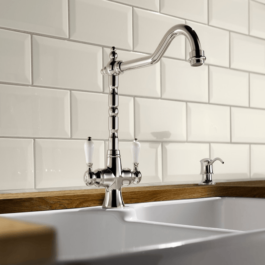 Franke Cotswold Twin Lever L Spout Swivel Polished Nickel Kitchen Tap 115.0711.939 - The Tap Specialist