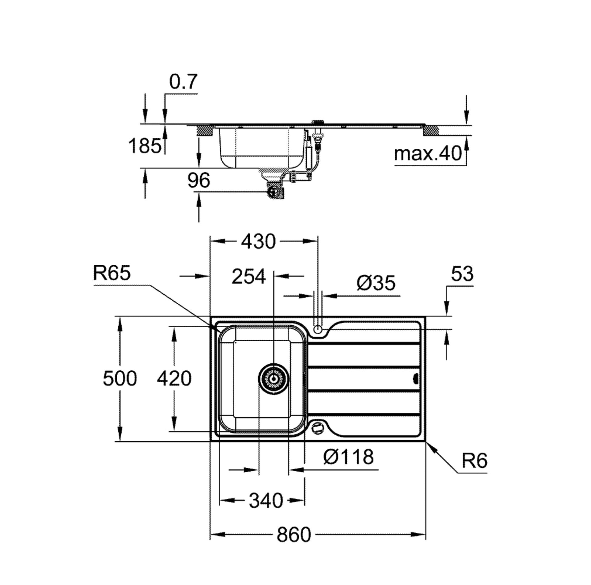 Grohe Kitchen Sink K500 Stainless Steel with Drainer 1 Bowl 31571SD0 - The Tap Specialist