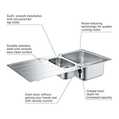 Grohe Kitchen Sink K500 Stainless Steel with Drainer 1.5 Bowl 31572SD1 - The Tap Specialist