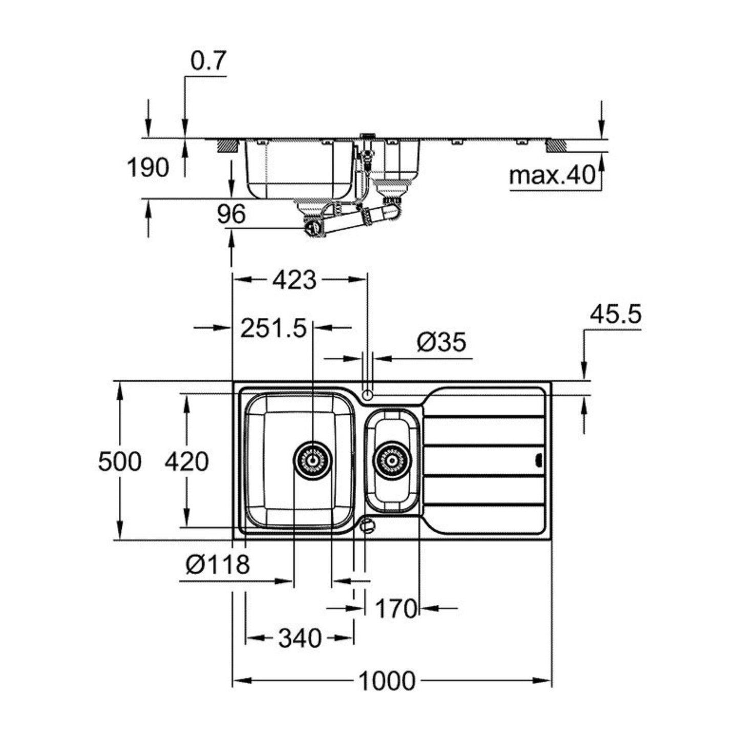 Grohe Kitchen Sink K500 Stainless Steel with Drainer 1.5 Bowl 31572SD1 - The Tap Specialist