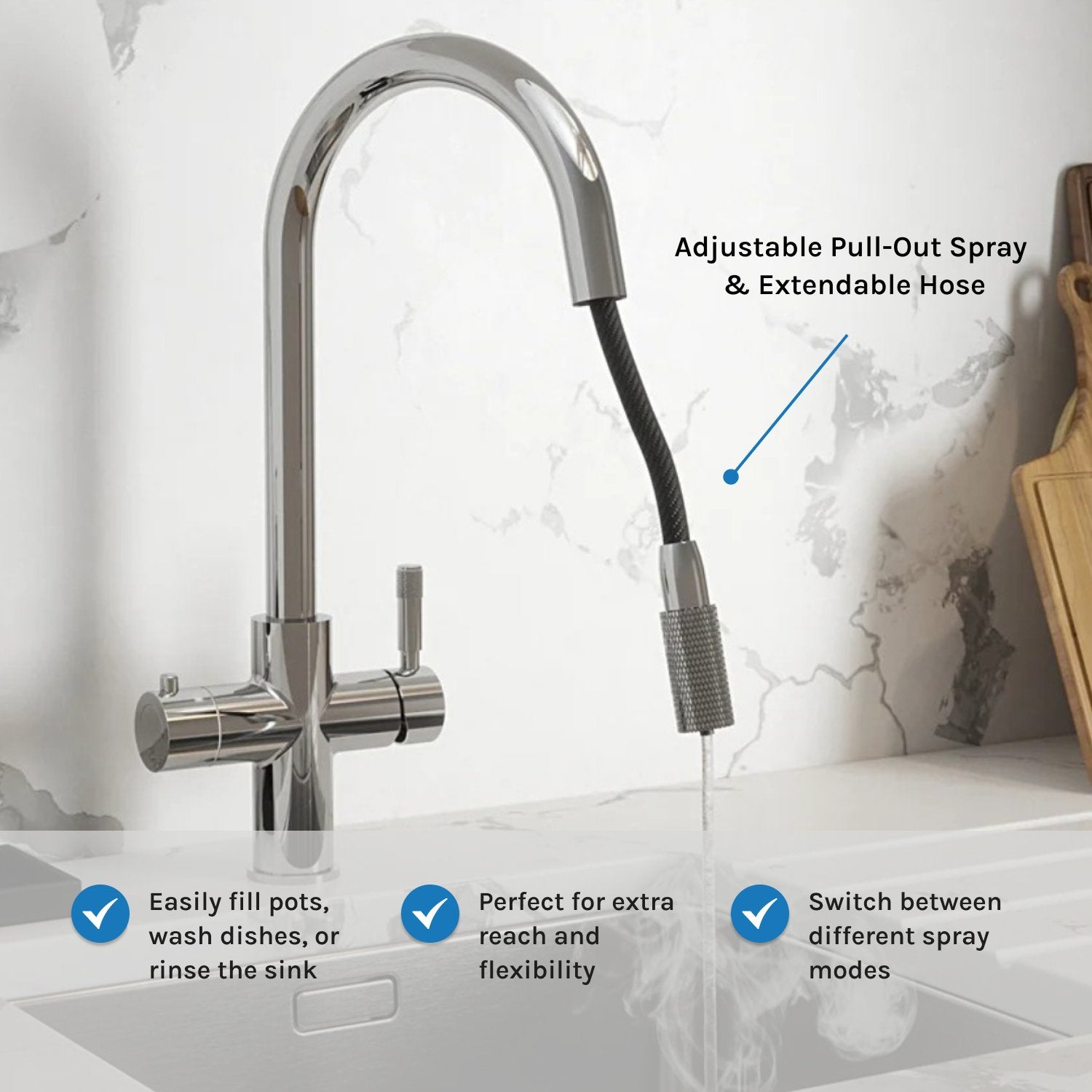 Hanstrom 4 - in - 1 Flex Pro Instant Boiling Water Tap Pull Out - Chrome - Pull Out hose extended - key product benefits -The Tap Specialist