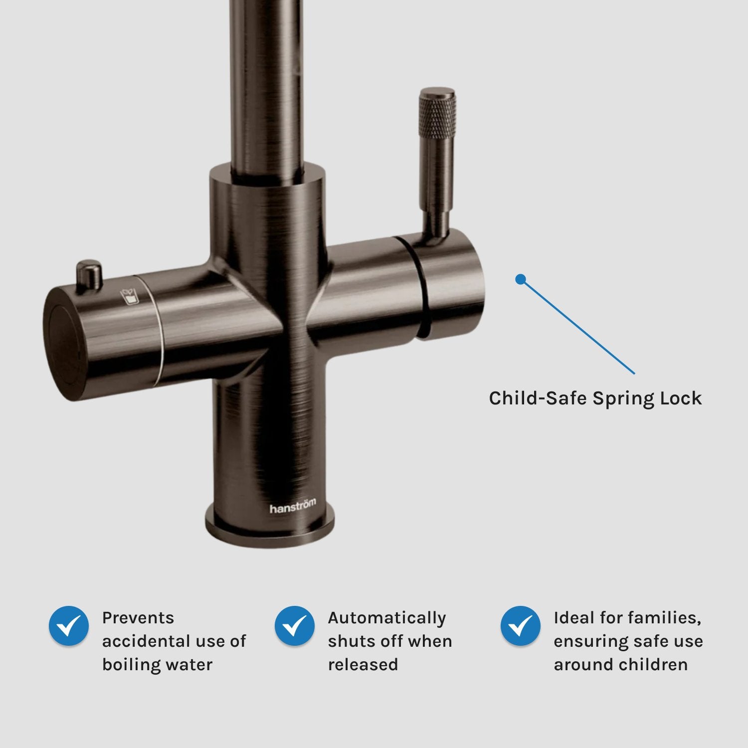 Hanstrom 4 - in - 1 Flex Pro Instant Boiling Water Tap Pull Out - Close Up of Tap Base with Child-Safe Spring Lock - The Tap Specialist