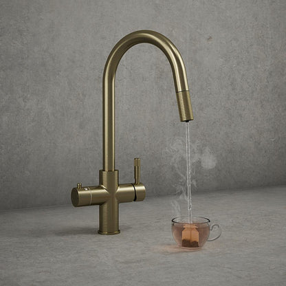 Hanstrom 4 - in - 1 Flex Pro Instant Boiling Water Tap Pull Out - Brushed Brass - dispensing steaming water - The Tap Specialist