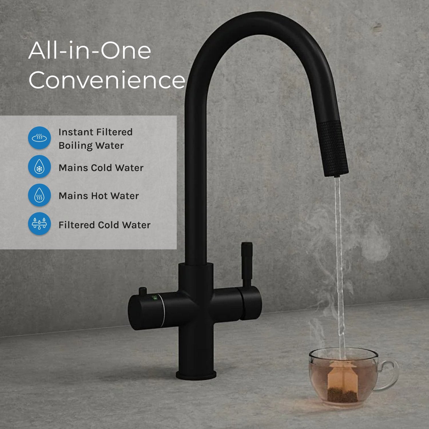 Hanstrom 4 - in - 1 Flex Pro Instant Boiling Water Tap Pull Out - Matt Black dispensing steaming hot water - The Tap Specialist