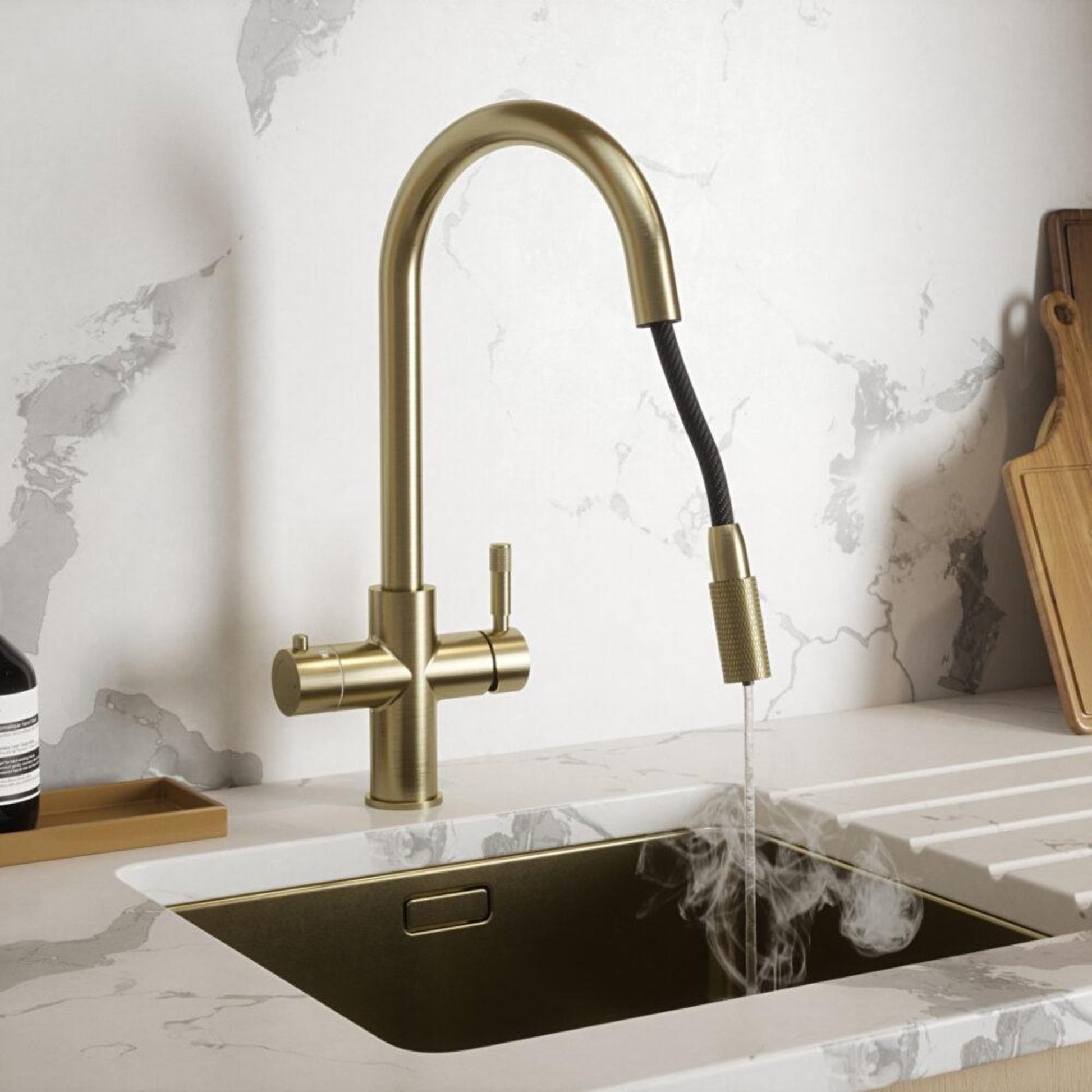 Hanstrom 4 - in - 1 Flex Pro Instant Boiling Water Tap Pull Out - Brushed Brass extended flexible hose - The Tap Specialist