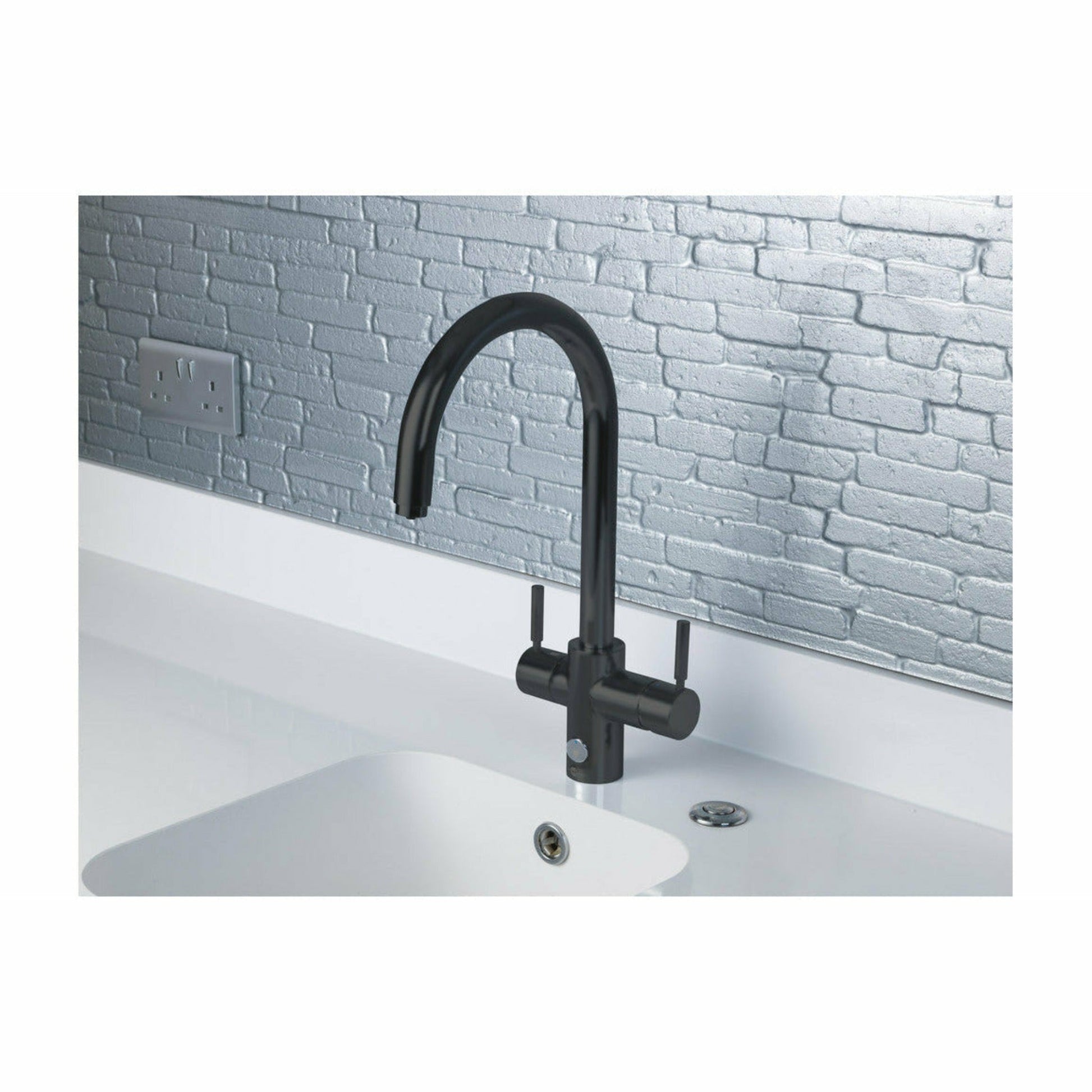 InSinkErator 4N1 Touch Hot Water tap installed with white marble countertops.