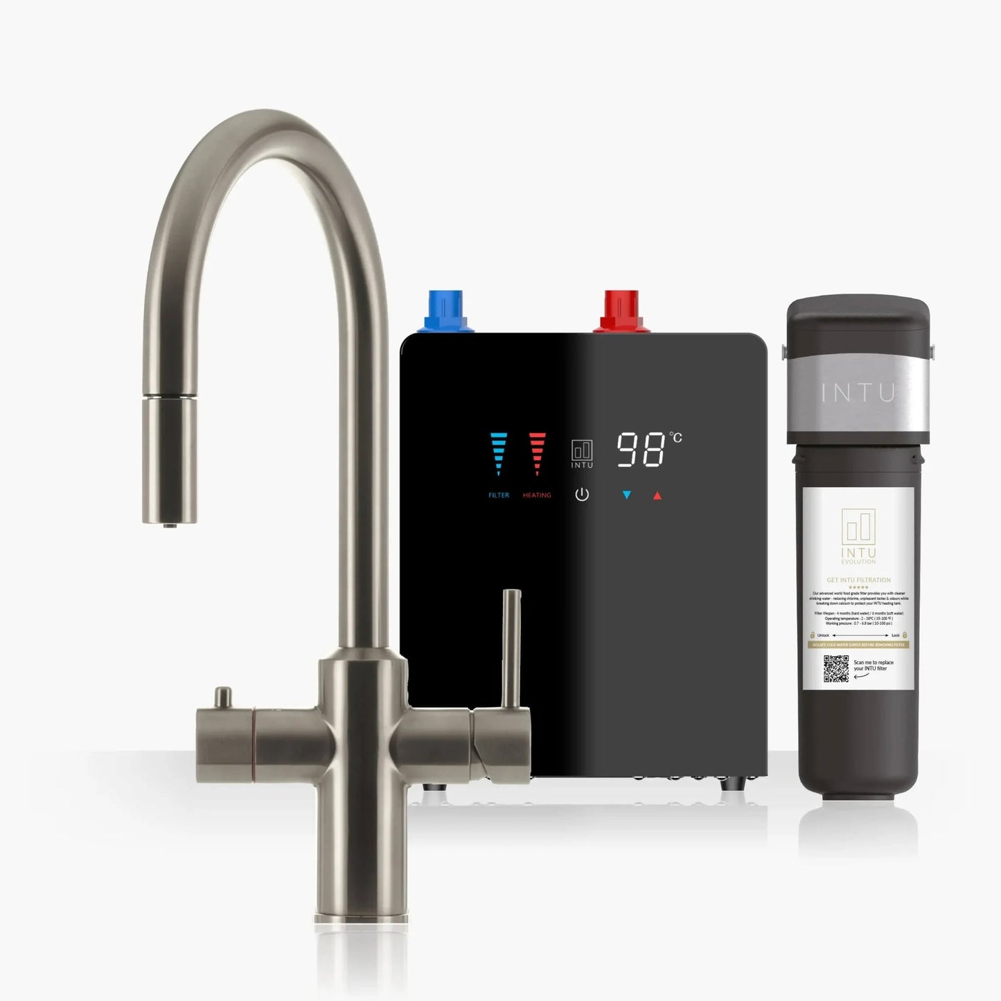 Intu Sovereign & Nexus 4 - in - 1 Pull Down Swan Instant Boiling Water Tap (Mechanical Lever) - The Tap Specialist