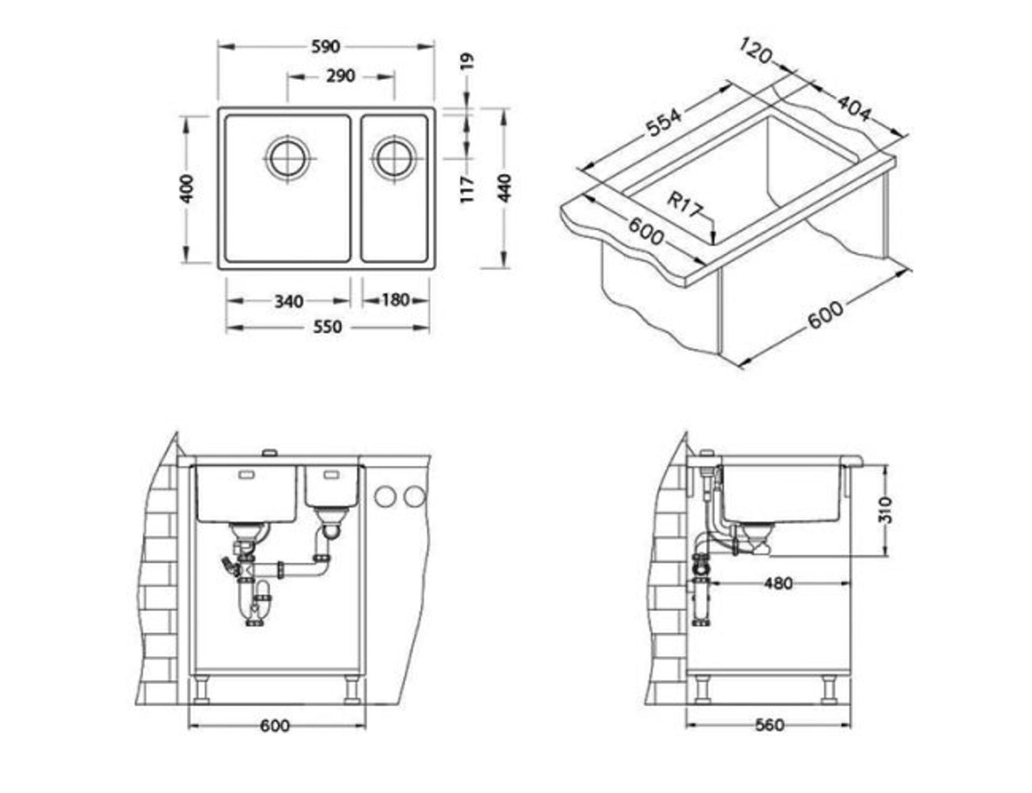 Alveus Kombino 120 1.5 Bowl Stainless Steel Sink 1101960N for 600mm Cabinet