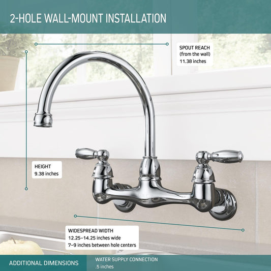 Peerless Claymore 2 - Handle Wall - Mount Kitchen Sink Faucet, Chrome - The Tap Specialist
