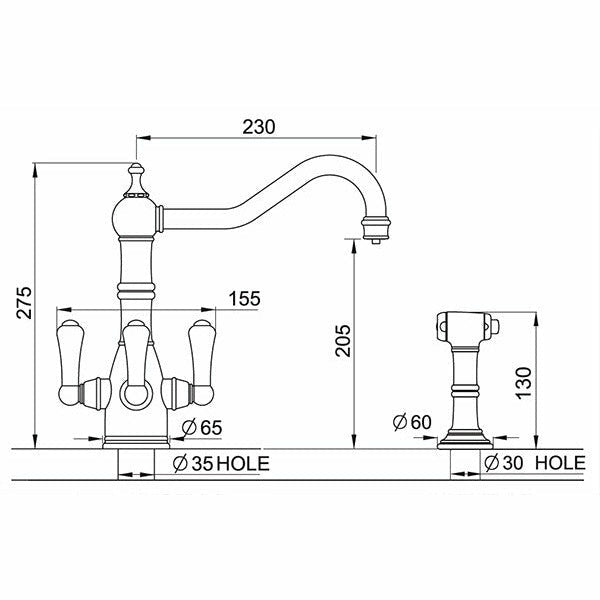 Perrin & Rowe Picardie Monobloc Filter Tap with Pull Out Spray Rinse - The Tap Specialist