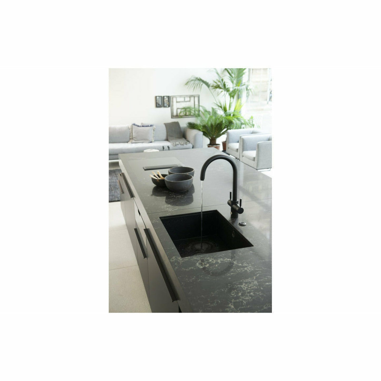 InSinkErator 4 in 1 Touch Boiling Water Tap J Shape Spout -Black Velvet -Lifestyle image in all black marble kitchen The Tap Specialist