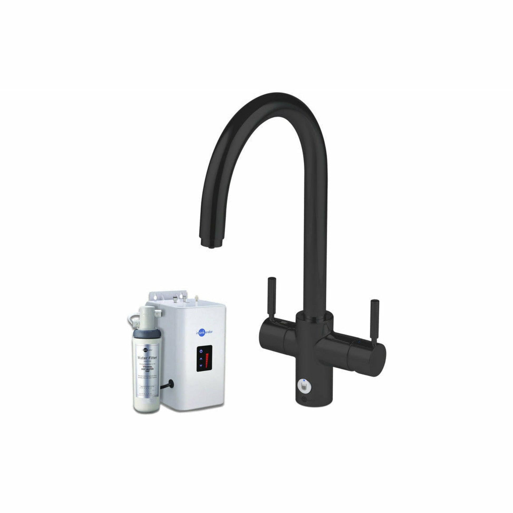 InSinkErator 4 in 1 Touch Boiling Water Tap J Shape Spout  (BLACK VELVET -Polished Black) with Neo Tank and Filter Kit- The Tap Specialist